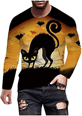 HONGJ Halloween Katona Long Sleeve T-shirt Férfi ruházat, Őszi Vicces Tök Fekete Macska, Denevér Nyomtatás Alkalmi, Sportos Póló,