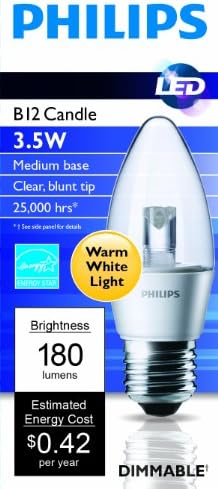 Philips 427815 3.5-Watt (25--Watt) Tompa Tipp Gyertya, 2700K, LED (Meleg Fehér) Led Izzó Közepes Bázis, Szabályozható