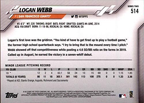 2020 Topps 514 Logan Webb RC Újonc San Francisco Giants MLB Baseball Trading Card
